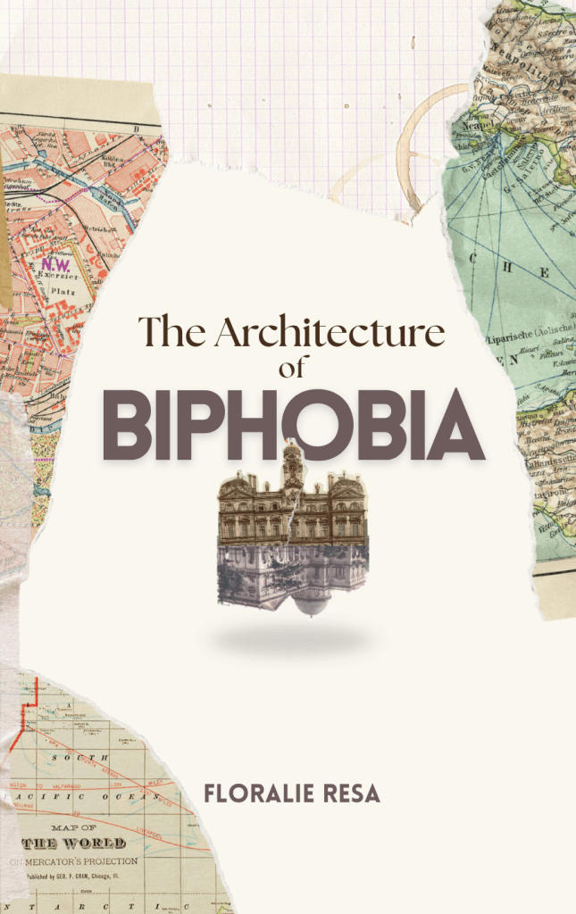 floating double castel surounded by maps. With the Text "The Architecture of Biphobia - Floralie Resa"